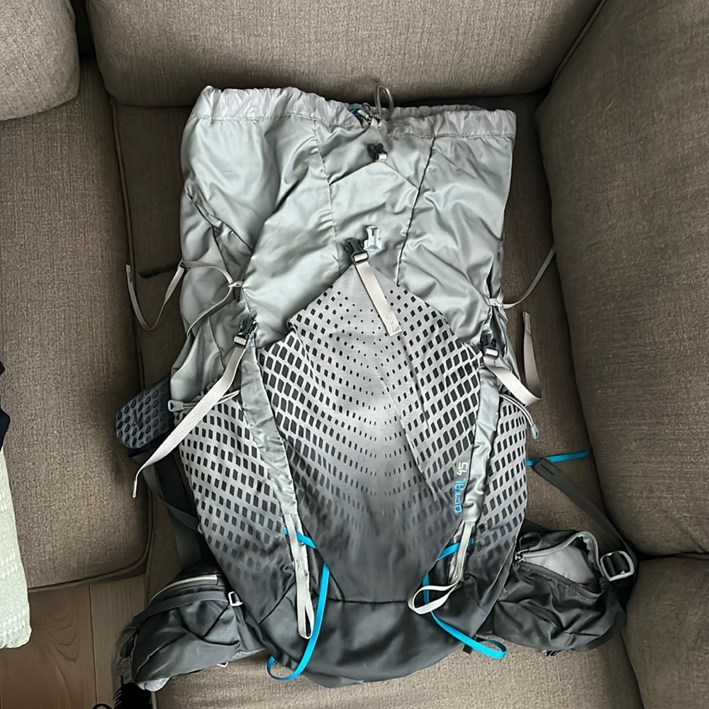 Gregory Light Gray Hiking Backpack with Blue Accents